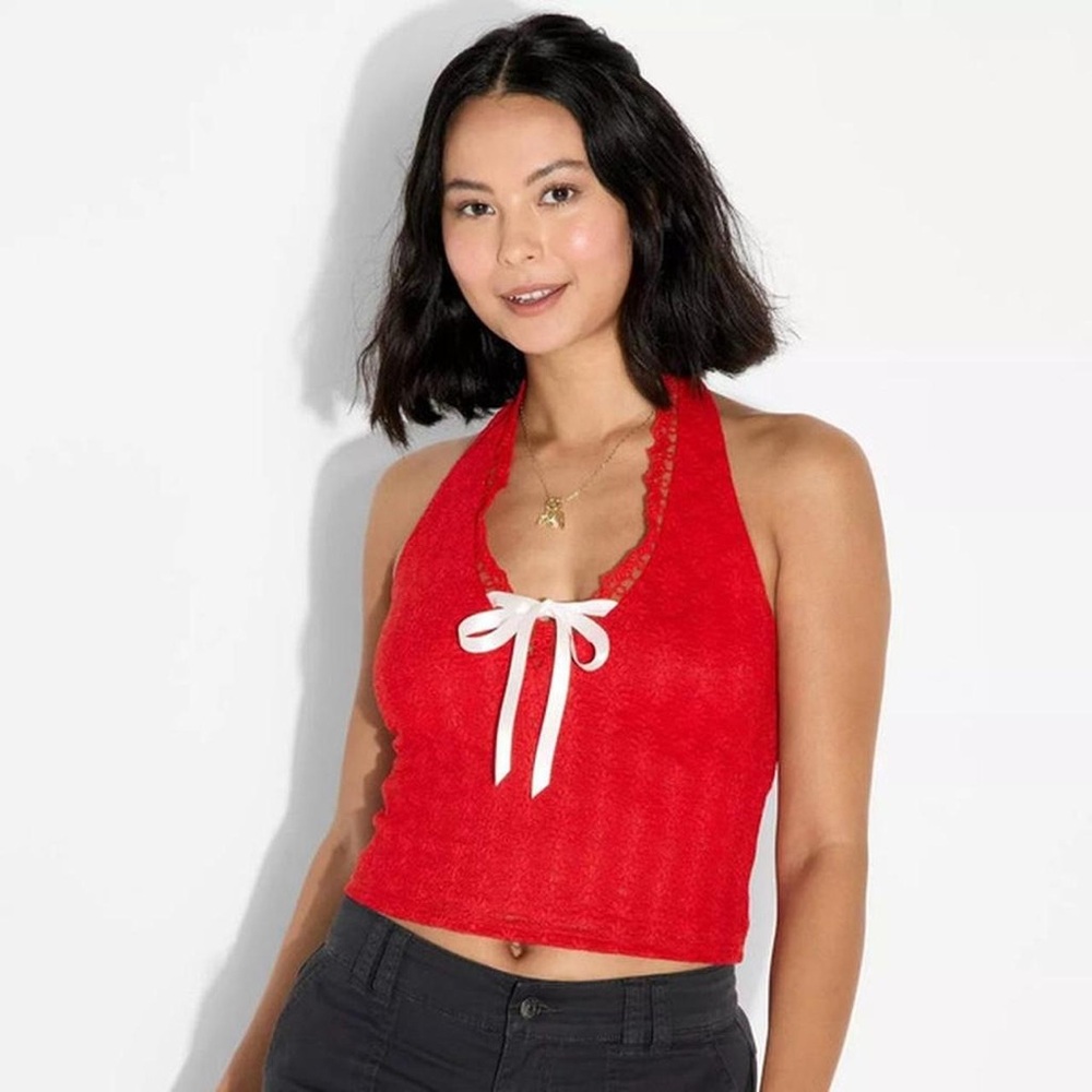 Red Lace-Trim Halter Crop Top with Bow Wild Fable Var Sizes | NWT